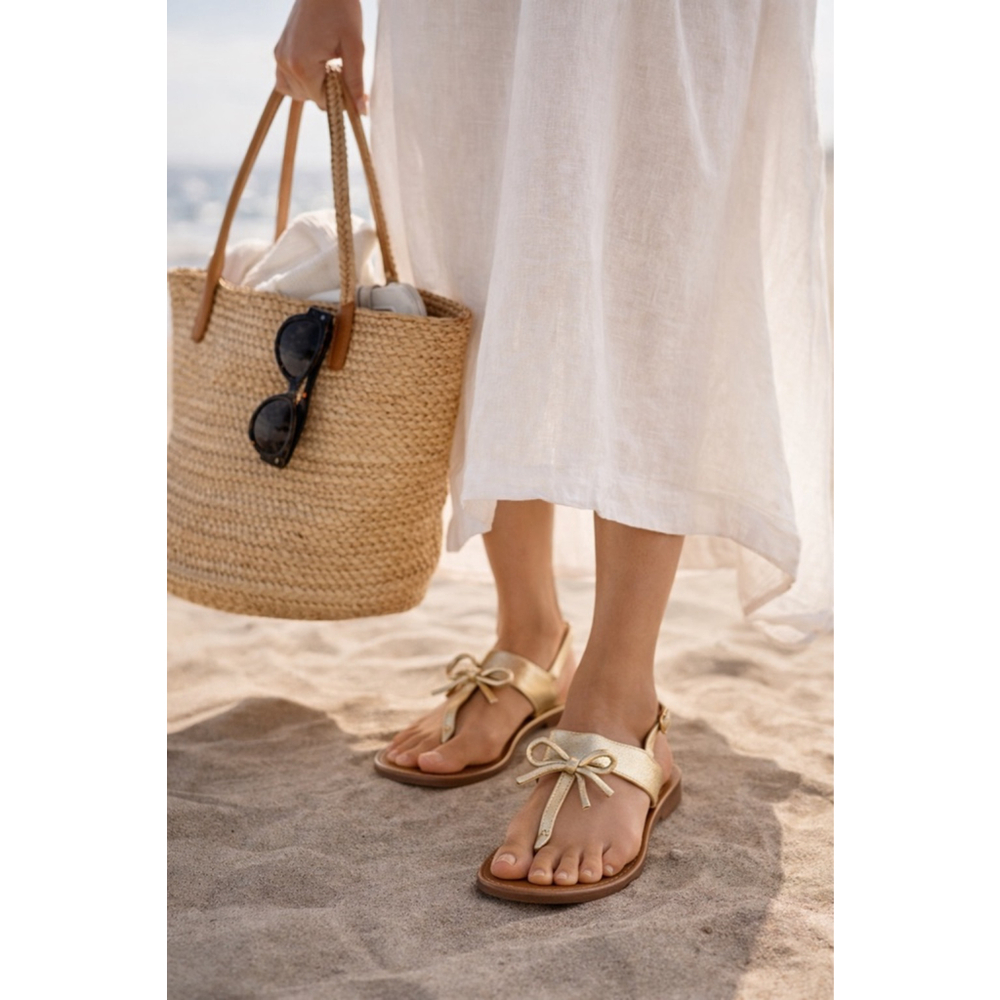 Kate Spade Gold Leather Bow Thong Sandals Flat Slingback Size 8M